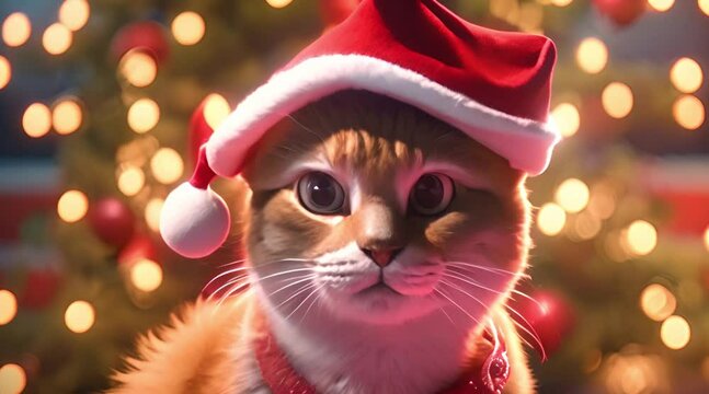 3D Rendered cat wearing a Santa hat for the 2022 Christmas holiday season. Traditional Santa red and white hat with modern kid-friendly animation style. Bright and colorful seasonal 2022 special ed