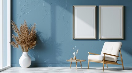 Modern Interior Design with Empty Frames, White Armchair, Wooden Table, and Elegant Vase with Dried Plants Against a Textured Blue Wall