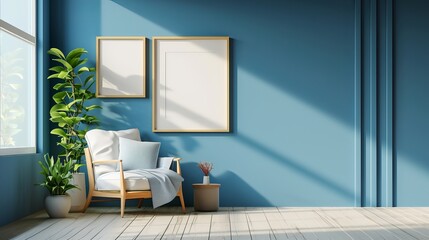Interior Mock-up Frame with Blue Wall, Wooden Floor, and Green Plant