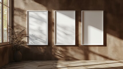 Interior Mock-up Frame with Textured Wall, Sunlight, and Dry Plants