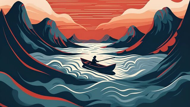 A person in a boat rowing against the current of a raging river. Psychology art concept.