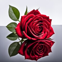 The red rose is reflected on a white background