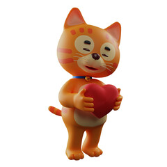 Fototapeta premium 3D illustration. Romantic Cat 3D Character Design with a heart with eyes closed. has a cute blue necklace. 3D Cartoon Character