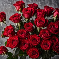 Vibrant Red Roses Bunch Against Blurred Grey Background