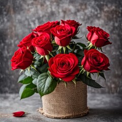 Vibrant Red Roses Bunch Against Blurred Grey Background