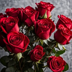 Vibrant Red Roses Bunch Against Blurred Grey Background