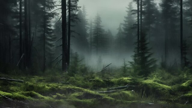 Mystic Canadian forest  misty environment. seamless looping overlay 4k virtual video animation background 