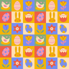 Easter Spring Geometric seamless pattern. Painted eggs, chiken, bunny, flower. Bright color modern design background