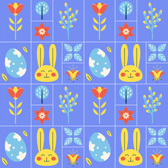Easter vector geometric pattern with bunny, painted eggs, flowers. Holiday background in bright color. Wallpaper in minimalist style