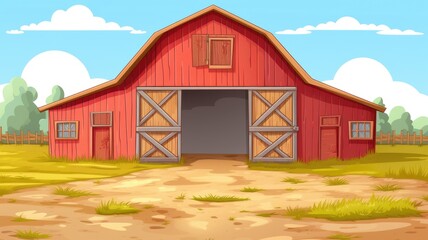 cartoon illustration A barn for farm animals, view inside.
