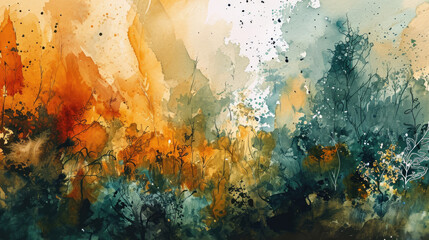 Abstract watercolor background combining soft brown, dark green and orange colors - obrazy, fototapety, plakaty