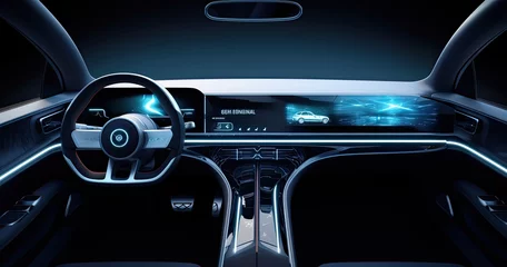 Fotobehang A glimpse into automotive innovation with a futuristic car dashboard boasting holographic controls and state-of-the-art digital displays. © Murda