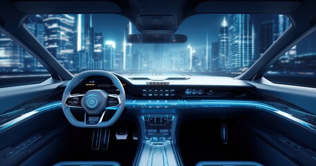 A glimpse into automotive innovation with a futuristic car dashboard boasting holographic controls and state-of-the-art digital displays. - obrazy, fototapety, plakaty