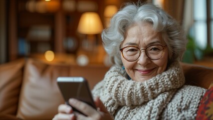 Grandma smiled and holding the smartphone in her hand, technology and smart device concept