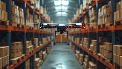 Drone are already flying, transporting cardboard boxes to the bottom of a warehouse, technology, smart device concept