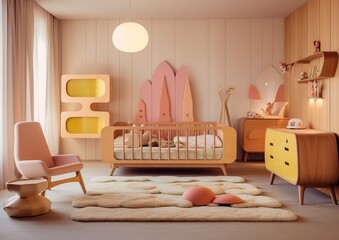 Modern nursery with a crib, dresser, and rocking chair in pastel colors. The room has a wooden floor and walls, and a fluffy rug.