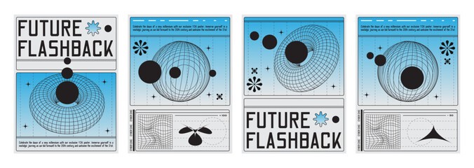 Y2k techno vibe banners set. Vector realistic illustration of retrowave aesthetic posters with geometric design elements, blue wireframe torus, globe on white background, retro futuristic vibe flyers - obrazy, fototapety, plakaty