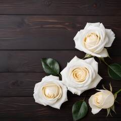 Flowers of white roses on wood background. Happy Valentine's Day with this romantic greeting card.