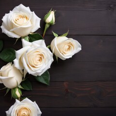 Flowers of white roses on wood background. Happy Valentine's Day with this romantic greeting card.