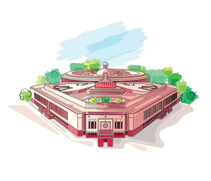 illustration of Indian Parliament and Sansad Bhavan building in Central Vista.