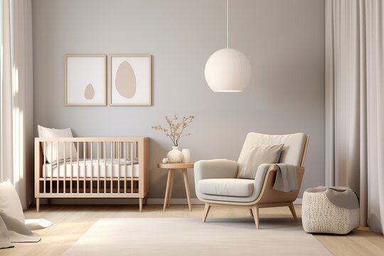 Neutral-toned nursery with crib, armchair, and pouf, featuring a framed dandelion print and floor lamp