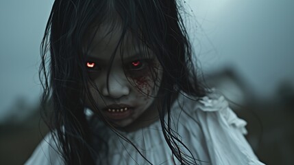 Chilling Glare of a Young Pontianak Amidst a Cold, Foggy Backdrop