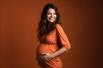 Portrait of a happy pregnant woman on a solid color background, Generative AI