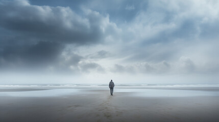 A man was walking in the middle of the sand and the ground was wet. The sky is foggy.