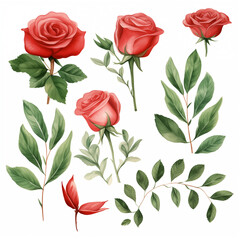 Set of pictures of red roses with leaves