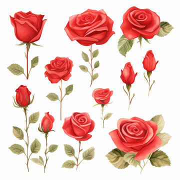 Set of pictures of red roses with leaves.
