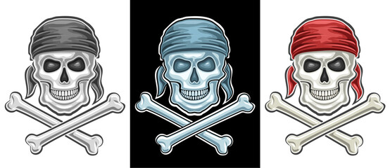 Vector Pirate Skull Set, collection of decorative badges with illustration of various skulls in bandana with crossbones, retro cartoon design skulls for motorbike decor on black and white background - obrazy, fototapety, plakaty
