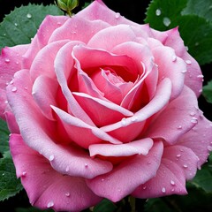 A single pink rose with leaves and stems covered in dew