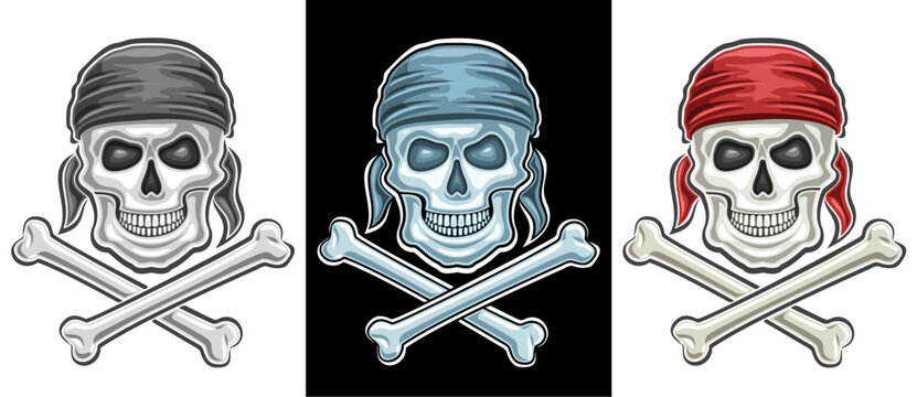 Vector Pirate Skull Set, collection of decorative badges with illustration of various skulls in bandana with crossbones, retro cartoon design skulls for motorbike decor on black and white background