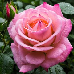 A single pink rose with leaves and stems covered in dew