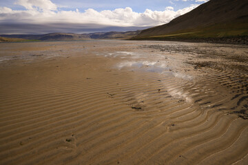 Fototapeta na wymiar rippled sand beach at low tide in Iceland