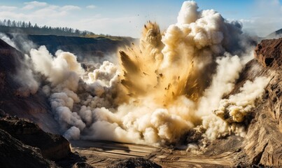 Flying rock particles and dust storm during dynamite blast on the construction site