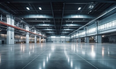 A Spacious Warehouse Illuminated by Numerous Overhead Lights