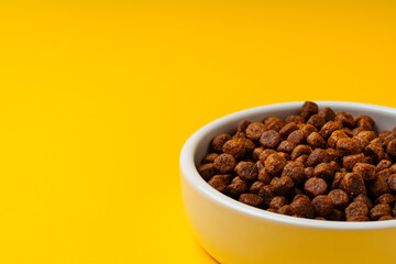 Bowl with dry pet food on yellow background studio shot