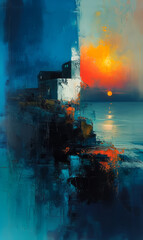 Abstract oil painting of a cityscape in the middle of the ocean.