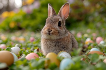 rabbit in a field filled with colored little easter eggs