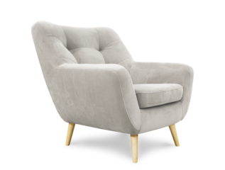 Comfortable light grey armchair with wooden legs isolated on white background.