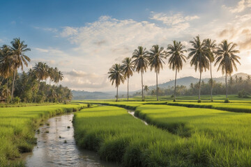 Wide rice fields on the river bank and there are several coconut trees