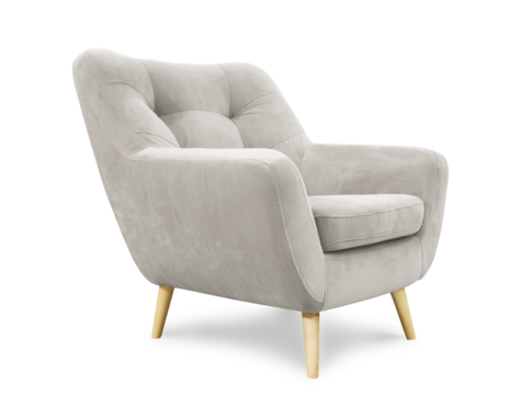 Comfortable light grey armchair with wooden legs isolated on white background.