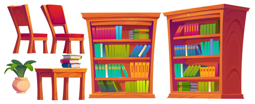 School public library or bookshop interior furniture cartoon vector set. Wooden cabinet with paper book rows on shelves, desk with stack of literature, chairs and plant in pot. Information storage.