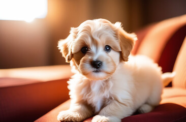 A cute puppy is sitting on the couch, looking at it with an intelligent look - obrazy, fototapety, plakaty