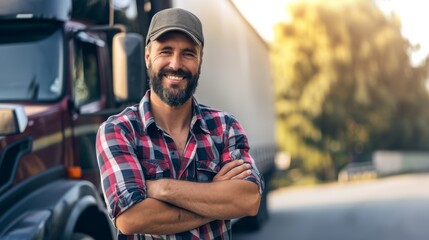 With genuine pride, a cheerful truck driver stands in front of his truck, arms crossed, portraying confidence and contentment in his professional journey on the open road - obrazy, fototapety, plakaty