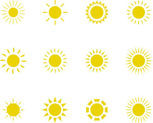 Vector cartoon yellow sun. Shining light rays. Summer Isolated vector illustration.