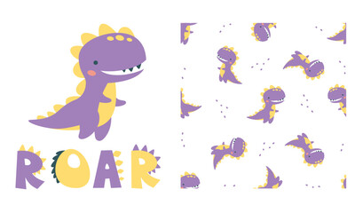 Set of vector templates for printing on children's products. Cute dinosaur and roar lettering. Seamless vector pattern with dinosaurs and cacti . Vector illustration