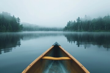 Naklejka premium Bow of a canoe on a foggy lake