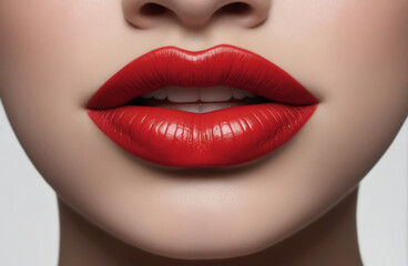 Close up de labios entreabiertos de mujer joven pintados de rojo. Maquillaje, labial rojo.